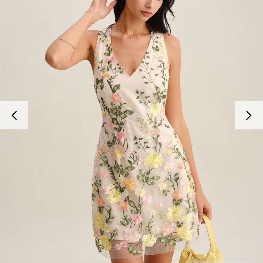Rihoas Floral Embroidered V-Neck Sheath Dress in Cream and Pastel Flowers
